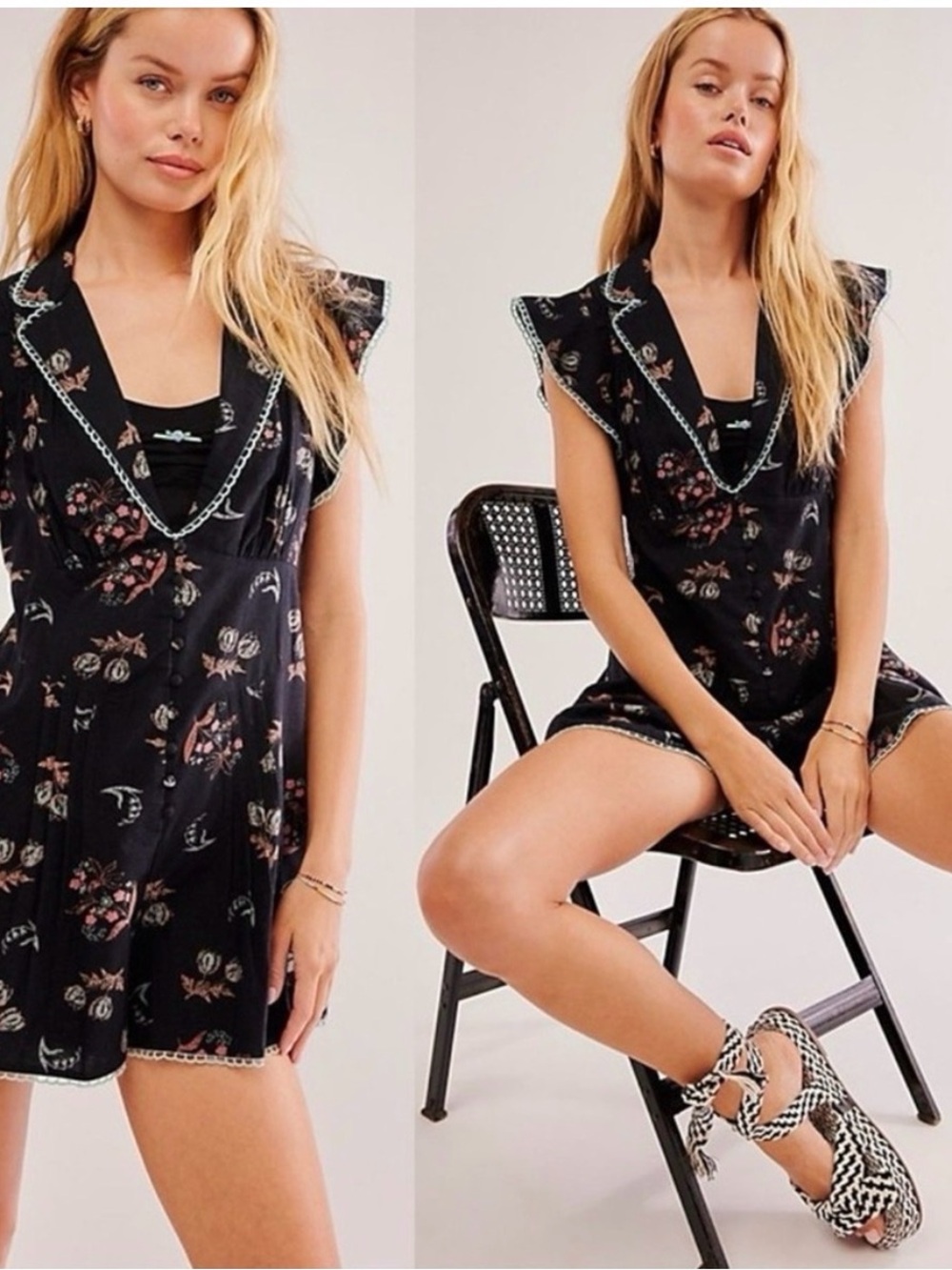 Free People Black Floral V-Notch Mini Dress, cotton